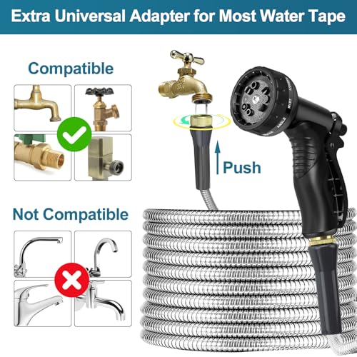 Stainless Steel Garden Hose 50ft Heavy Duty Metal Water Hoses with 10 Function Water Hose Nozzles for Yard Outdoor - size: 50 ft