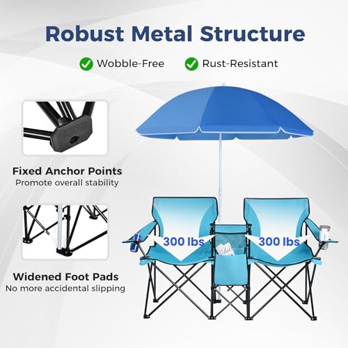 Goplus Double Camping Chair with Umbrella, Folding Loveseat Chairs w/Canopy Shade, Carrying Bag, Table, Cup Holder, Portable Beach Chairs Outdoor Picnic Patio (Turquoise) - color: Turquoise