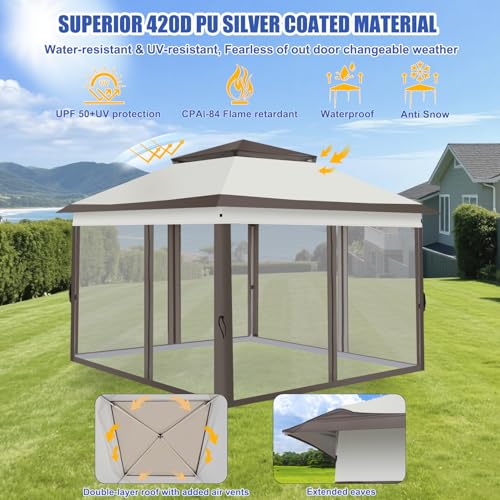 Yesker 10x10 Pop Up Canopy Tent w Mesh Netting Sidewall Vented Top - Heavy Duty Outdoor Canopy, Easy Setup Shelter Gazebo Waterproof 10x10 Popup Tnets for Patio Backyard Parties & Events, Khaki Brown - size: 10x10FT Khaki Brown w Netting Sidewall