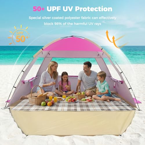 Venustas Beach Tent Sun Shelter for 3/4/6/8 Person, UPF 50+ UV Protection Beach Canopy, Lightweight and Easy Setup Cabana, Portable Shade Tent - color: Pink, size: 6 Person