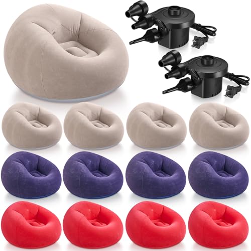 Realspring 6 9 12 Pcs Inflatable Bean Bag Chairs for Adults with Electric Air Pump, Blow up Couch Folding Portable Inflatable Couch Lazy Sofa for Outdoor Movie Night Camping(Blue,Red,Coffee,12 Pcs) - color: Blue,red,coffee