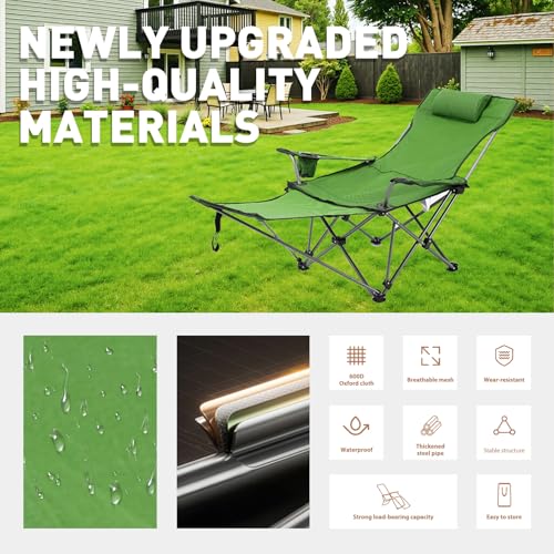 Reclining Camping Chair with Removable Footrest, Adjustable Camping Lounge Beach Chair with Padded Headrest, Cup Holder & Carry Bag, Camp Chair with Foot Rest Lawn Chair for Outdoor Patio,Green - color: Green
