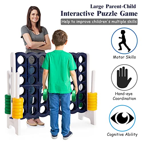 COSTWAY Jumbo 4-to-Score Giant Game Set, 4 in A Row for Kids and Adults, 3.5FT Tall Indoor & Outdoor Game Set with 42 Jumbo Rings & Quick-Release Slider, Perfect for Holiday Party & Family Game - color: Dark Blue