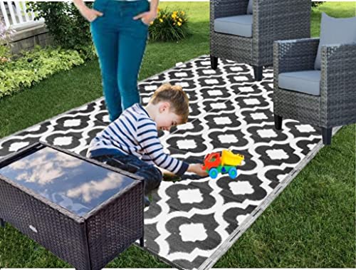 Outdoor Rug - 5x7 Black, Reversible Recycled Plastic Straw Outdoor Patio Rugs Clearance Waterproof Large RV Camper Mats 507 - color: Black, White, size: 5' x 7' (Rectangular)