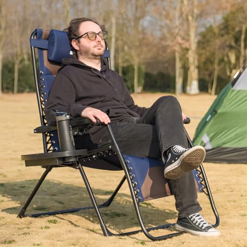 Zero Gravity Lounge Chairs - Set of 4 Oversized Reclining Patio Chairs with Adjustable Pillow & Cup Holder (500lbs Capacity, Blue/Brown) - color: Brown & Blue, size: X-Large/4 PCS