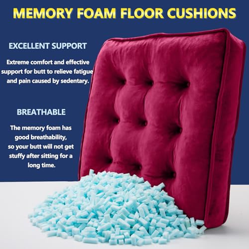 1 MIDDLE ONE Floor Pillow Set of 2, Memory Foam Meditation Cushion, Floor Cushions for Adults Sitting, Large Square Seat Cushions for Yoga, Living Room, 20x20 Inch (Burgundy) - color: Burgundy, size: 20x20 Inch(Pack of 2)