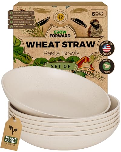 Grow Forward Premium Wheat Straw Pasta Bowls - 30oz Unbreakable Wide & Shallow Dinner Plate Bowls Set of 6 - Microwave Safe Reusable Plastic Pasta Bowls for Kids, Adults, Salad, Camping, RV - Sahara - color: Sahara Beige, size: 30oz