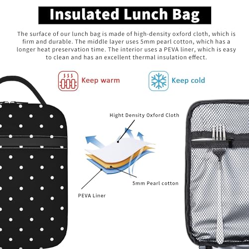 Polkadot Polka Dot Black And White Insulated Lunch Bag Portable Reusable Zipper Lunch Box For Men Women Work Picnic Travel Camping - color: Black10