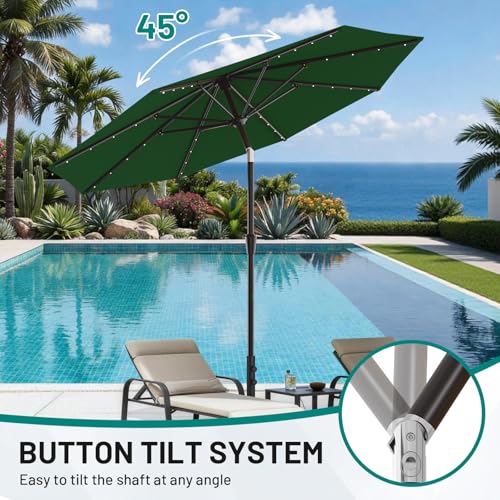 AreShark 9FT Patio Umbrella with Solar Lights, 32 Lighted Pool Umbrella w/Tilt and Crank, Outdoor Market Solar Umbrellas for Garden, Deck, Backyard, Pool and Beach, Dark Green - color: Dark Green, size: 9 Ft