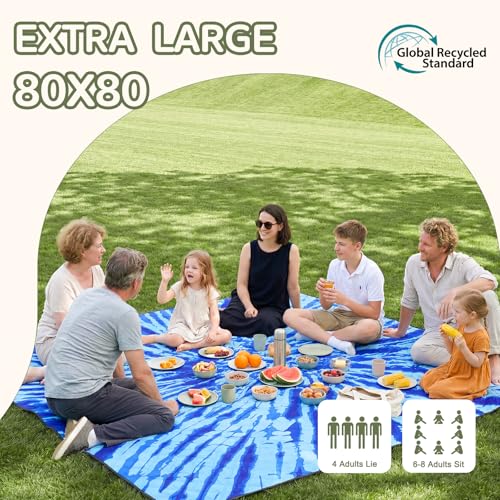 Genovega Waterproof Sandproof Beach Blanket Picnic Outdoor Mat Rug Extra Large Foldable Sand Free Big Giand XL Car Essential Roadtrip Gadget Rv Accessories Gear Must Haves Hiking Items Necessities - color: Tie Dye Blue, size: 6'8" x 6'8" (Square)