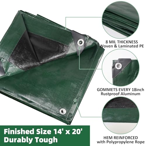 Heavy Duty Double-Sided Waterproof Poly Tarp 14x20 Feet 8mil Thick Polyethylene Tarps, Perfect for Outdoor Use, Plastic Cover & Mat for Tent Camping Storage Boat Bikes Vehicles - color: Jasper-8 Mil, size: 14' x 20' 1psc