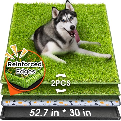 Hompet Dog Grass Pad with Tray Large, 52.7"x30", 2 Reusable Artificial Turf for Dogs Potty, Waterproof Non-Slip Washable Pee Pads, Quickly Absorbency Portable Dog Litter Box for Indoor/Outdoor Use - size: 52.7 x 30"