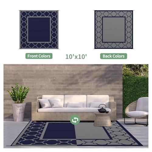 GENIMO 10 'x10 ' Outdoor Rug for Patio Clearance, Waterproof Indoor Outdoor Plastic Straw Rugs Carpet, Reversible Outside Area Rv Mat for Camping, Balcony Porch, Deck, Picnic, Beach (Blue & Grey) - color: Blue & Grey, size: 10' x 10' (Square)