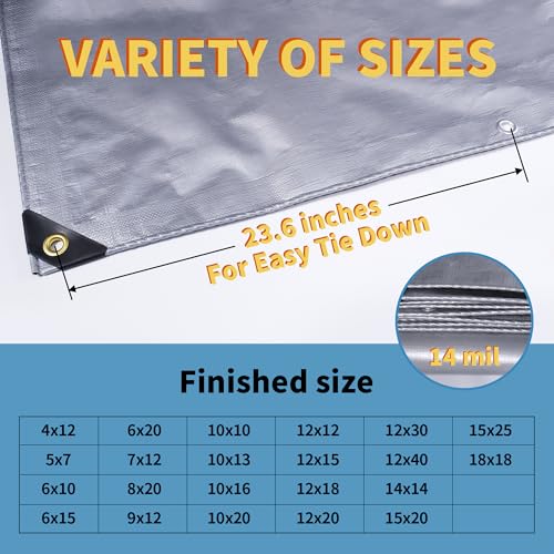 TARPAL 10x20 tarp,Heavy Duty Tarp 14mil Silver Reflective Tarps Waterproof with Grommets and Reinforced Edges UV Protection,Tear Resistant for Firewood,RV,Boat,Roof,Car,Camping - color: Silver, size: 10x20 Feet-Finished size