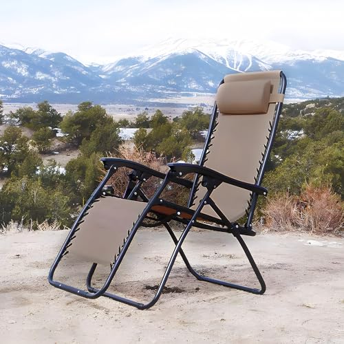 Caravan Sports Zero Gravity Outdoor Portable Folding Camping Lawn Deck Patio Pool Recliner Lounge Chair for Adults, Adjustable Headrest, Beige - color: Beige