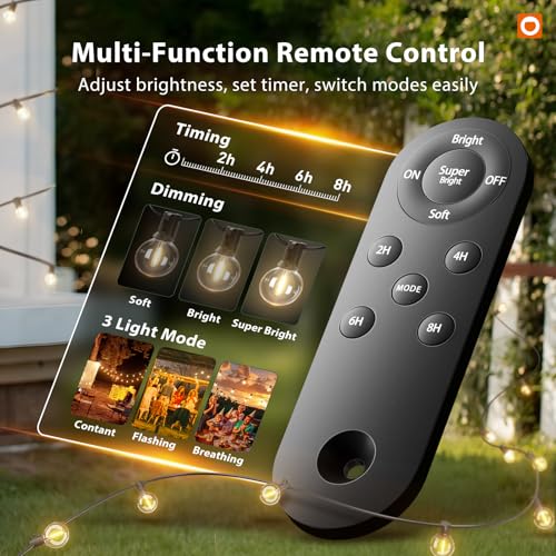 addlon 25FT Solar Powered Outdoor String Lights Waterproof with Remote, G40 Solar Powered String Lights with 13 LED Shatterproof Bulbs, 3 Light Modes, Dimmable Solar Lights for Outside Bistro Cafe - size: 25FT
