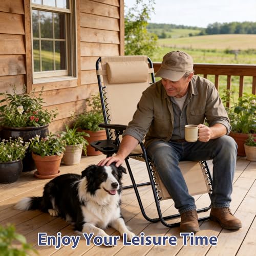 Sweetcrispy Zero Gravity Chairs, Set of 2 Portable Recliner Beach Camping Patio Outdoor Folding Lounge Chair with Cup Holder Trays and Adjustable Pillow for Poolside, Garden, Backyard, Lawn (Khaki) - color: Khaki