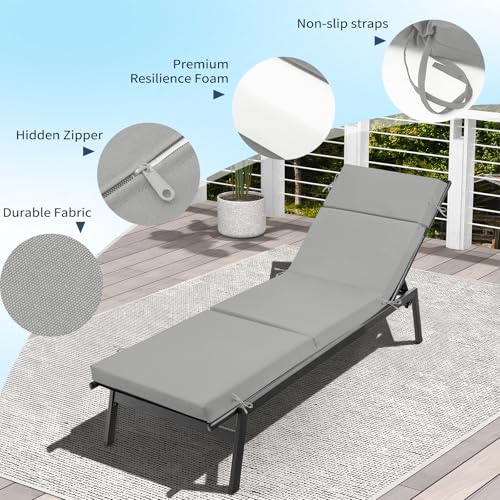 2 Pcs Outdoor Chaise Lounge Cushion 72" x 21" x 3", 4-Section Folding Patio Lounge Chair Cushion with Ties, Waterproof & Fade Resistant Replacement Cushion for Pool, Patio, Deck (Grey, 2 Pcs) - color: Grey, size: 2 Pcs