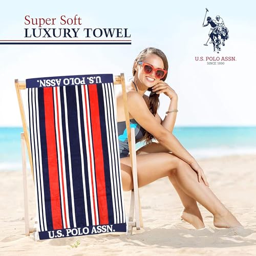 U.S. Polo Assn. 2-Pack Luxury Plush Cotton Oversized (40" x 70") Beach Towels, Striped Nautical Design, Hotel Quality for Bath & Pool- Navy/Red/Orange - color: Navy/Red/Orange, size: 40" x 70"