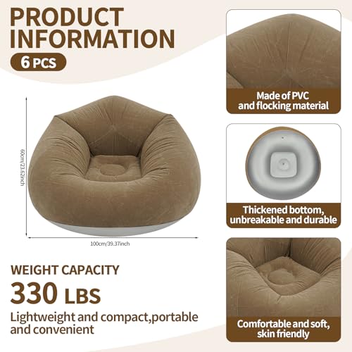 6 Pcs Inflatable Bean Bag Chair for Kids with Foot Air Pump, Outdoor Blow up Chairs, Inflatable Couch, Folding Portable Lazy Sofa for Adults Camping Movie Night - color: Coffee X 6