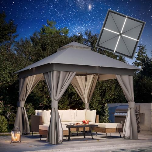 LAUSAINT HOME 10'x10' Outdoor Gazebo with Solar LED Lights, Metal Frame Heavy Duty Patio Canopy Tent Shelter with Double Roofs, Mosquito Nettings and Privacy Screens for Backyard, Garden, Lawn, Gray - color: Gray, size: 10'x10' with LED Lights