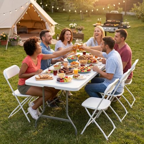 DUMOS 6 Feet Folding Picnic Table, Plastic Table with Carrying Handle, Heavy Duty Portable Table for Camping Party, White - color: White, size: 6 FT