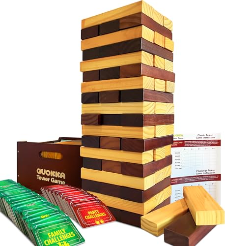 QUOKKA Premier Jumbo Tumble Tower Game - Block Stacking Game for Family - 2.8 Ft | 54 Blocks with Fun Challenges | Water Weather Resistant - Big Wooden Game for Yard