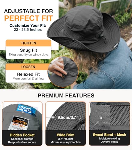 GearTOP Safari Hat for Men Sun Hats for Women UV Protection UPF 50+ Fishing, Gardening, Hiking Hat (22-23 1/2") - color: Dark Grey Standard