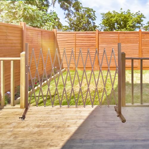 TECSPACE Aluminum Expandable Garden Fence, Portable Barricade Gate with Casters, Adjustable Retractable Fence Mobile Barricade Safety Barrier (Brown, 130×15×41 inch) - color: Brown, size: 126×15.2×40.6 Inch