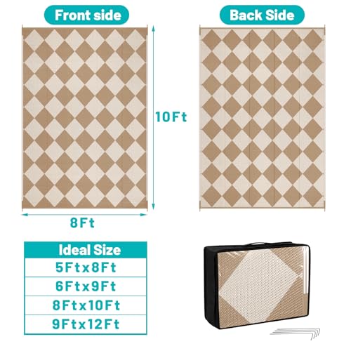 HEBE Checkered Outdoor Rug Waterproof 8x10, Reversible Plastic Straw Rug RV Camping Rug, Indoor Outdoor Patio Mat Clearance, Outside Carpet for Porch,Deck,Camper,Balcony,Backyard,Picnic - color: Beige/Brown, size: 8' x 10' (Rectangular)