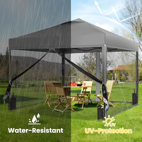 GDY 10x10 Pop up Canopy Tent with Mosquito Netting, Easy up Gazebo for Patio, Camping and Garden, Includes 4 Sandbags, Gray - color: Gray, size: 10x10 with Mosquito Netting