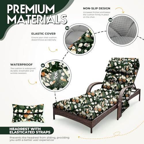 Outdoor Chaise Lounge Chair Cushion, Waterproof Outdoor Chair Cushions for Patio Furniture, 71 x 21 x 4 Inches Replacement Chaise Lounge Cushion with Ties (Black Flower) - color: Blue Flower