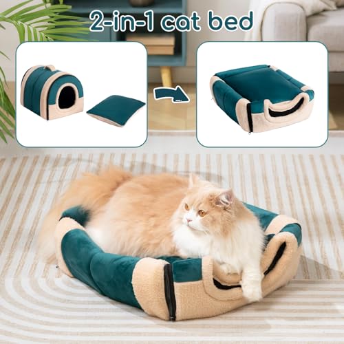 Hollypet Cat Bed Self-Warming 2 in 1 Foldable Kitty Cave Hut House Nest Pet Sleeping Bed, Crystal Velvet Pet Condo for Indoor Cats, Green Arched Cave - color: Green Arched Cave
