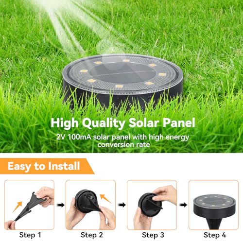 ELUTENG Solar Ground Lights 8 Pack IP68 Waterproof Solar Pathway Lights 8 LED Garden Lights Anti-Rust Outdoor Landscape Lighting for Lawn, Yard, Deck, Driveway, Walkway (Warm Light)