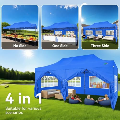 COBIZI 10x20 Heavy Duty Pop Up Canopy Tent with 6 Sidewalls Thicken Frame, Commercial Easy Up Outdoor Wedding Party Tents, All Season Waterproof Windproof with Stakes Sandbags Ropes Roller Bag, Blue - color: Blue, size: 10x20