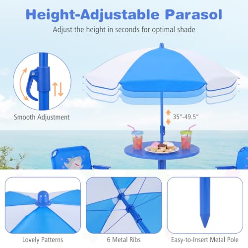 Costzon Kids Picnic Table, Kids Outdoor Table with 2 Folding Chairs, Height Adjustable Umbrella, Portable Children Outdoor Furniture for Patio, Garden, Backyard (Blue Ocean) - color: Blue Ocean