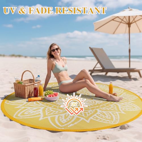 Round Outdoor Rug 6ft Waterproof Reversible Boho Plastic Straw Patio Deck Camping Rugs, Indoor Outdoor Portable RV Mat Carpet for Outside, Porch, Balcony, Backyard, Beach, Pool, Yellow - color: Yellow, size: Round 6ft
