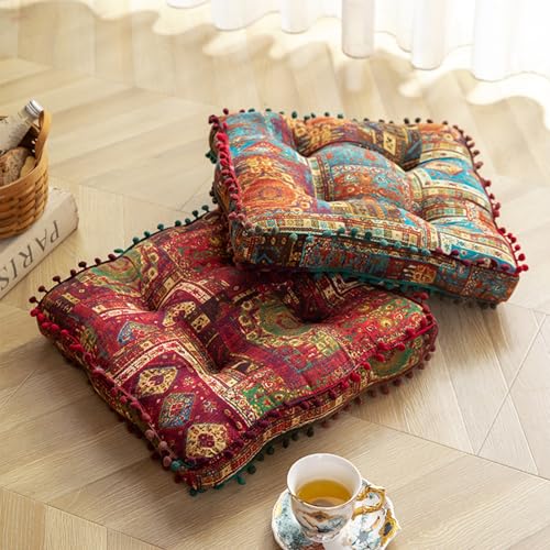 ELEFOCUS Red Bohemian Seat Cushion,Indoor Boho Chair Cushions for Dining Chairs，Square Chair Pad，Decorative Seat Cushions for Kitchen Chairs (Red Square 16X16) - color: Red Square 16x16