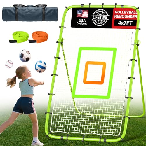 Volleyball Rebounder Net 7x4 Ft, 5-Angle Adjustable Rebounder Net for Practicing Digging, Setting, Spiking, Bounce Back Training Equipment with 2 Target Stripes & Portable Travel Bag for Storage - color: NET102-White Green
