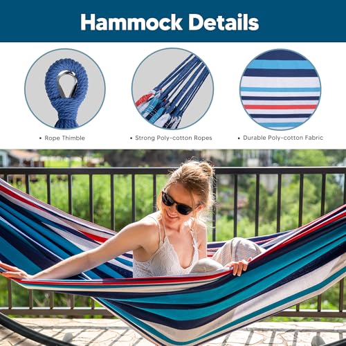 SUNCREAT Hammocks for Outside with Stand, Porch Hammock and Stand, 475 lbs Capacity, Blue & Red Stripes - color: Blue Red