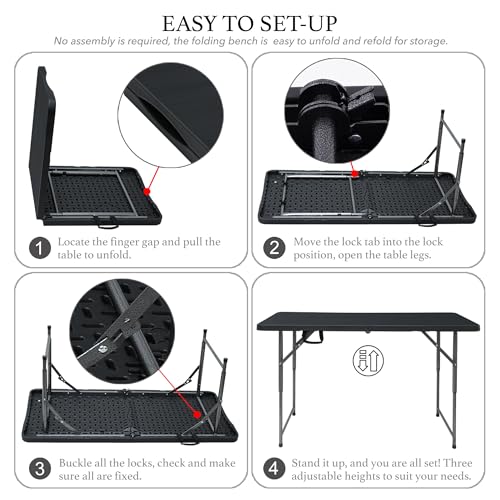 AJP Distributors 4 Foot Portable Plastic Folding Table 4FT 48" Half Foldable Heavy Duty Top w/Carry Handle - Indoor Outdoor Backyard Camping Picnic BBQ Party Wedding Dining Office Event Meeting Black - color: Black, size: 4 Foot