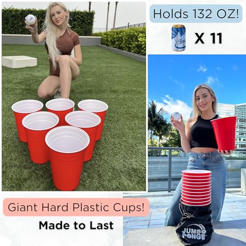 Jumbo Pong - Giant Yard Pong Outdoor Games Yard Games Lawn, Beach, Camping, Tailgating or Backyard - Durable Giant Cups with Indoor/Outdoor Ball and Pump Included