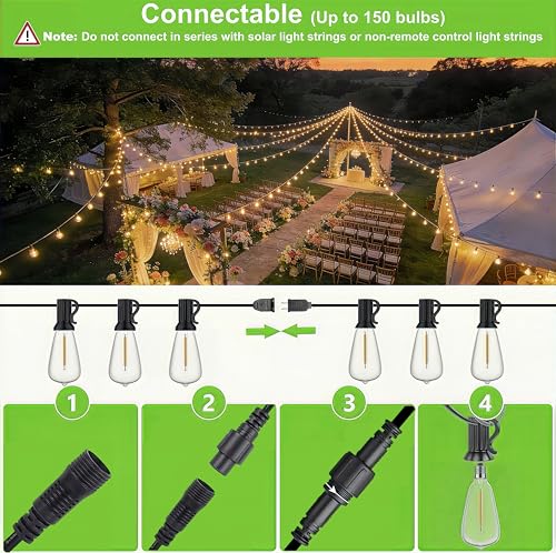 100FT Remote Outdoor String Lights for Outside, 50+2 LED Waterproof Shatterproof Edison Dimmable Timer Bulbs, 2500K Warm White Patio Lights for Garden Backyard Yard Hanging Lighting - size: 100FT