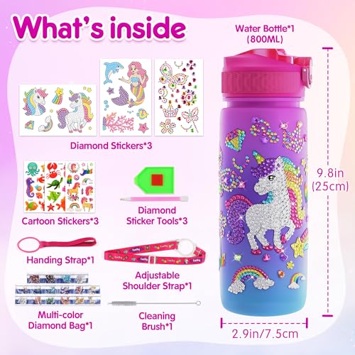 Mocoosy Unicorn & Mermaid Water Bottle with Waterproof Stickers- 27oz Leakproof Standard Sport Bottle with Lids - Decorating Kit & Birthday Gift for Girls 4-12 (Pink)