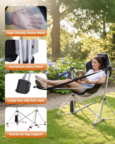 KingCamp Hammock Chair with Footrest – Heavy Duty Swinging Rocking Camping Chairs for Adults up to 400lbs, Folding Portable Oversized Rocker with Cup Holder & Pillow for Outdoor Beach Lawn RV Sports - color: Footrest Deluxe Black/Mesh