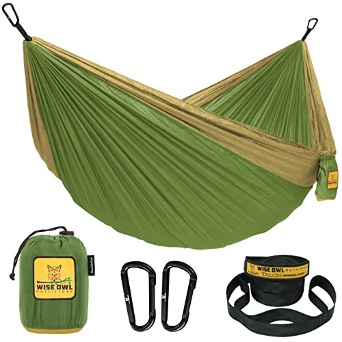 Wise Owl Outfitters Camping Hammock – 500lbs Portable Hammock with Tree Straps - Travel, Backpacking, Hiking, Outdoors Camping Gear - Single or Double - color: Green & Khaki, size: Double
