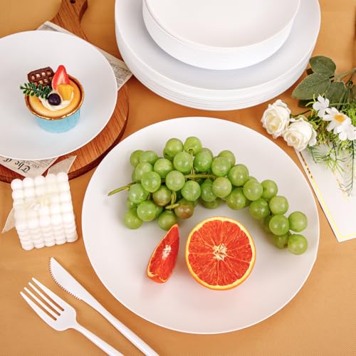 EI 150pcs White Plastic Plates Disposable,White Plate for Party,Disposable Frosted Plate with White Plastic Silverware,Heavy Duty Dinnerware set serves for 30,Perfect for Birthday Wedding Tea Party. - color: White Frosted Plastic Plates