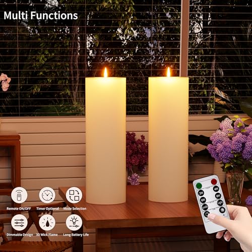 BUTHY 12" x 4" Large Outdoor Candles with Timer Waterproof Flickering LED Flameless Candles Battery Operated with Remote Fake Pillar Candles Realistic for Patio Porch Lanterns, Ivory 2 Pack - color: Ivory, size: 12in-2Pack