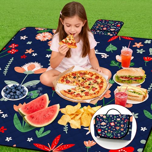 Extra Large Picnic Blanket Waterproof,80"x 80"Foldable Machine Washable Beach Blanket,Outdoor Blanket for 6-8 Adults,Suitable for Indoor Crawling,Park Beach,Camping,Hiking,Family Travel(Light Blue) - color: Blue Flower, size: 6'8" x 6'8" (Square)