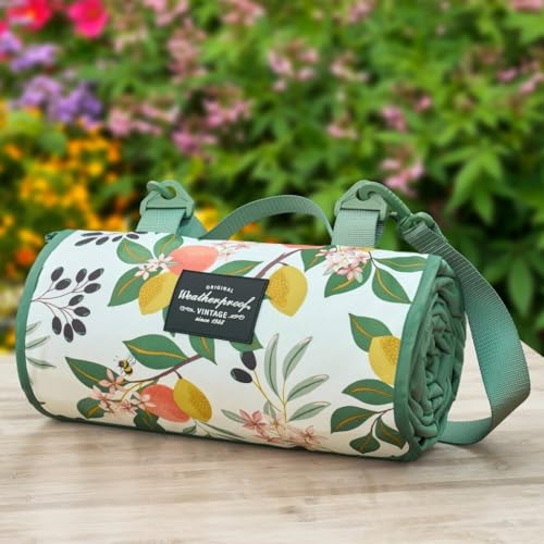Weatherproof Vintage Waterproof Outdoor Blanket- Green Roll Up Throw Blanket with Handle, Velcro Closure - Camping Supplies, Travel Blanket for Beach, Picnic & Events, 60"x72" (Lemon Grove)